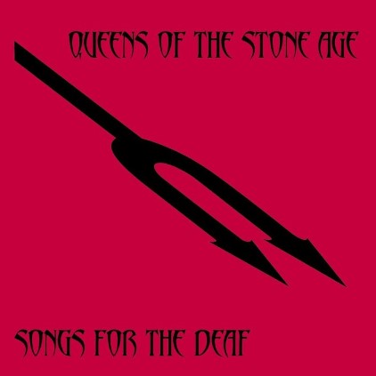 An image of the Go With The Flow cover art from Fortnite Festival. This red graphic has a black pitchfork down the center. 