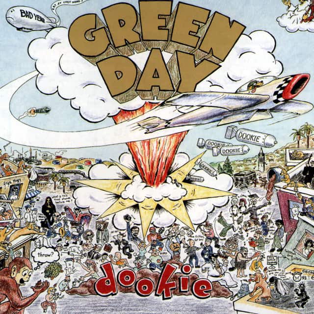 An image of the cover art for Green Day's album Dookie, which has three songs in Fortnite Festival. This album cover features a cartoon plane dropping a bomb on society. 
