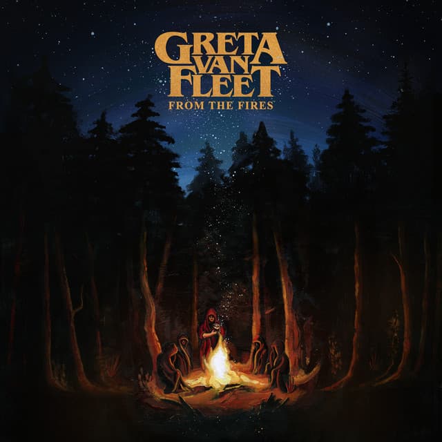 An image of the cover art for Highway Tune, a song in Fortnite Festival. This cover features a bonfire in the middle of a forest and night sky. 