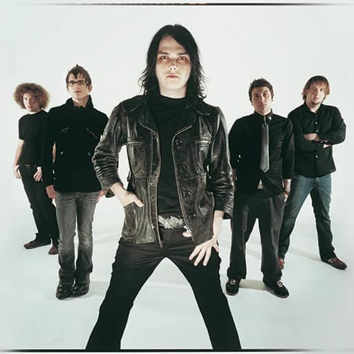 An image of the cover art for the song I'm Not Okay (I Promise) from Fortnite Festival. This features the band My Chemical Romance standing in leather jackets. 
