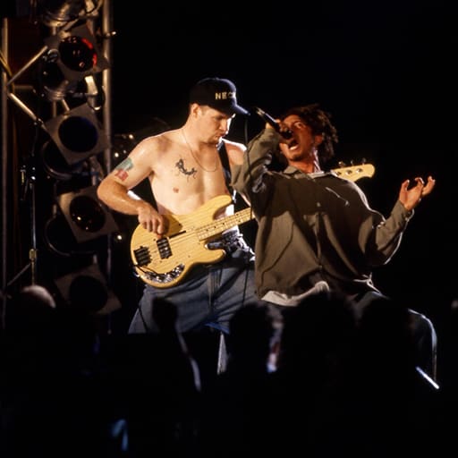 An image from Fortnite Festival of the band Rage Against hte Machine performing on stage. This is the cover art for their song Killing In The Name. 