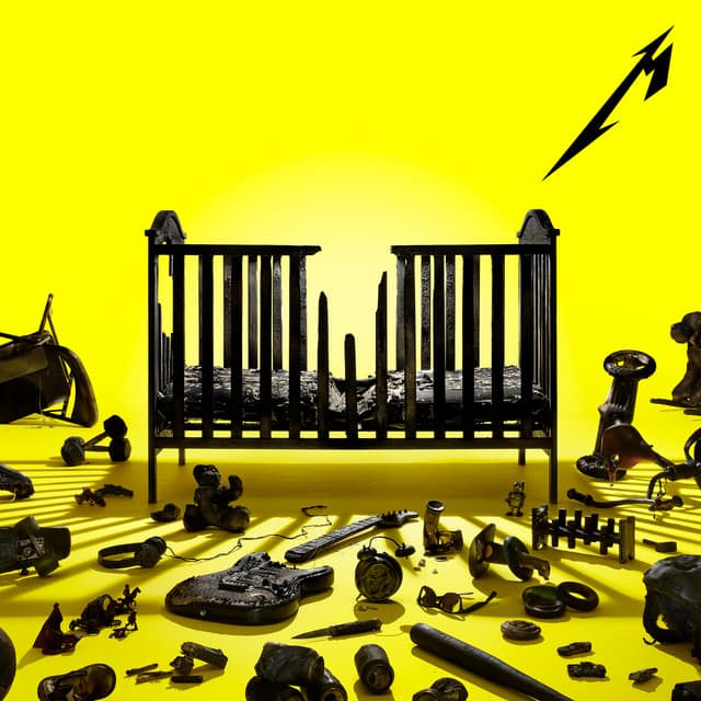 An image from Fortnite Festival of the Lux Aeterna cover art. This is a black cribe against a yello background. 