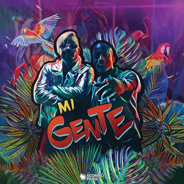 An image from Fortnite Festival of the Mi Gente cover art. This features two men standing within tropical plants.  