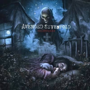 An image from Fortnite Festival of the Nightmare cover art, which is a song by Avenged Sevenfold. This art showcases a man laying on the ground with a reaper floating over him. 