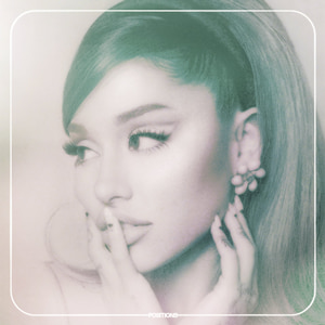 An image of Ariana Grande's Positions cover art, which is included in Fortnite Festival. This cover features the singer in black and white.