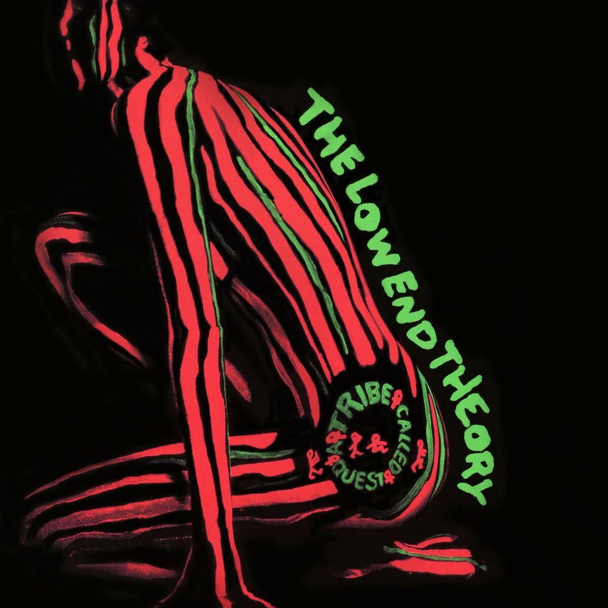 An image of the album art for The Low End Theory, which features the song Scenario which is used in Fortnite Festival. The Album cover is a red body with a black background. 