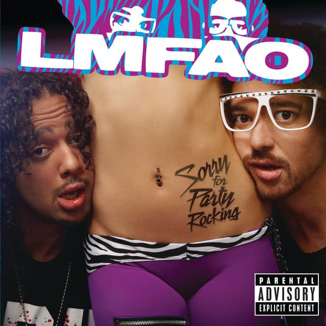 An image from Fortnite Festival of the Sexy And I Know It cover art. This features the two members of the group next to a woman's stomach. 