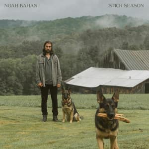 An image of the Stick Season cover art from Fortnite Festival, which features Noah Kahan standing with two german sheperds. 