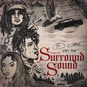 An image of the Surround Sound cover art. This is a song in Fortnite Festival and features a hand drawing of the three members. 