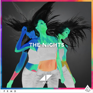 An image from Fortnite Festival of the cover art for Avicii's song the Nights. This cover shows three women with black hair and bright green skin. 