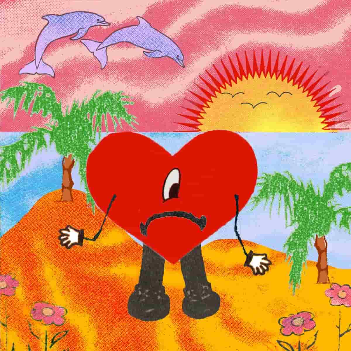 An image of the cover art from Bad Bunny's Titi Mi Pregunto, a song in Fortnite Festival. This cover art showcases a cartoon heart with one eye. 