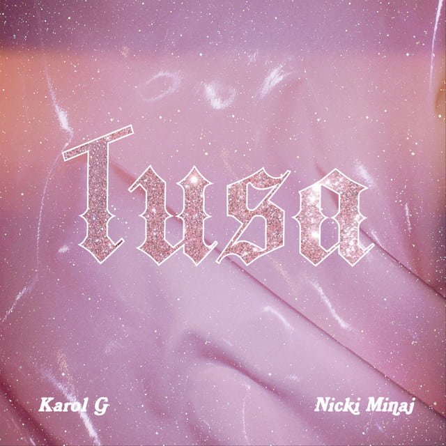 An image of the Tusa cover art from Fortnite Festival. This image is a pink background with glowing pink text. 