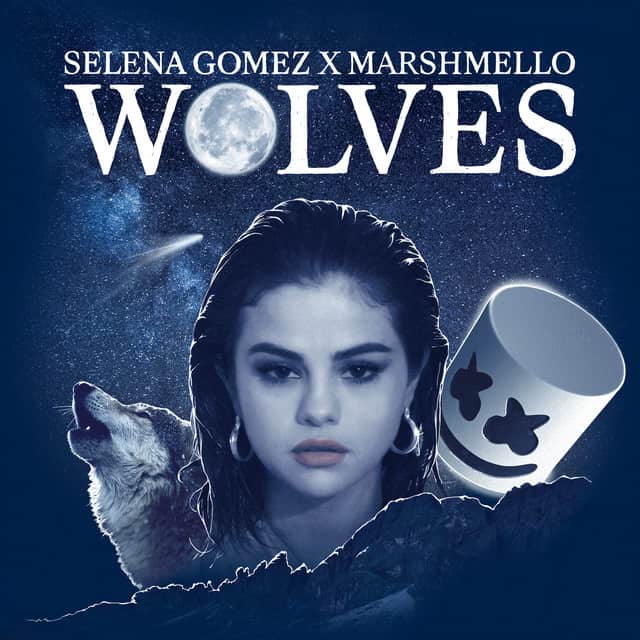 An image of the Wolves cover art from Fortnite Festival, which features Selena Gomez, Marshmello, and a wolf