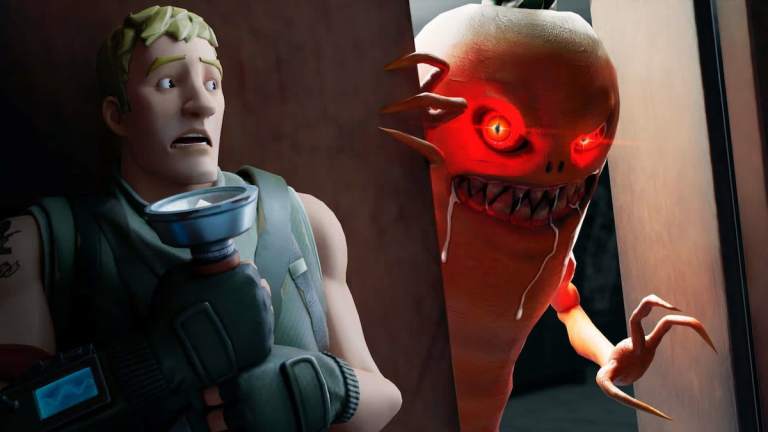 Picture showing a scary carrot about to attack scared Jonesy in Fortnite horror map.