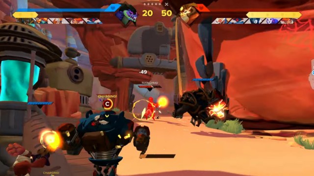 A robot explores a battlefield while two meters at he top of the screen fill in Rampage: Gigantic Edition.