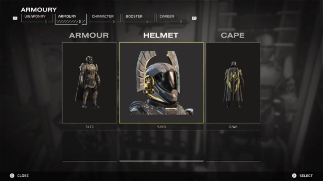 Armory main menu with Armor, Helmet, and Cape in Helldivers 2