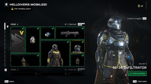The Warbond Requisition Screen of Helldivers 2, showcasing a number of items for sale. The picture-taker has purchased all of the items.
