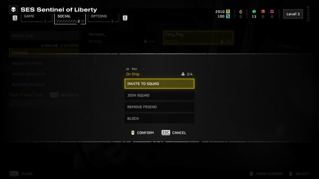 An option on the friends list in Helldivers 2.