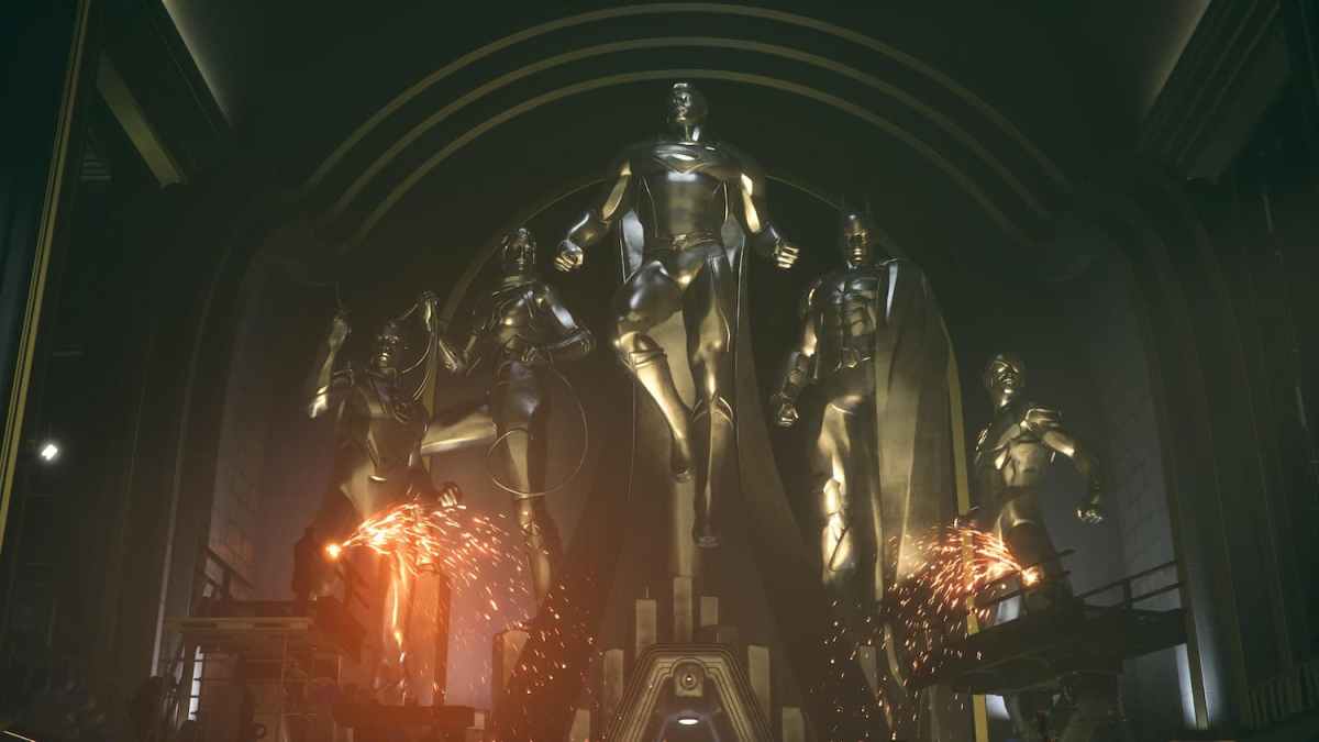 An in game screenshot of the silver Justice League statues from Suicide Squad: Kill the Justice League.