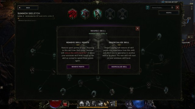 The Respec Skill menu showing in Last Epoch.