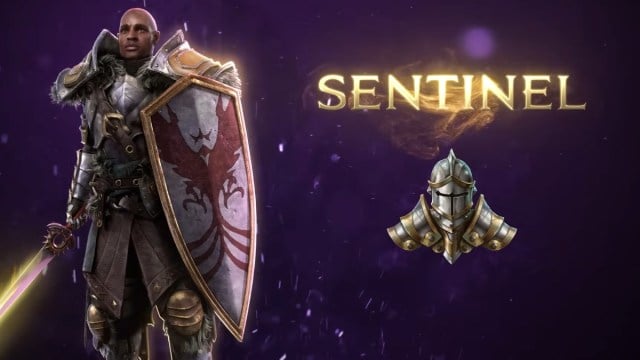 The splash art for Sentinel in Last Epoch, featuring a Paladin with a shield and glowing sword.