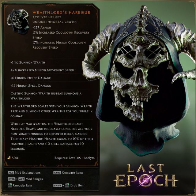 An image of the Wraithlord's Harbour unique item in Last Epoch.