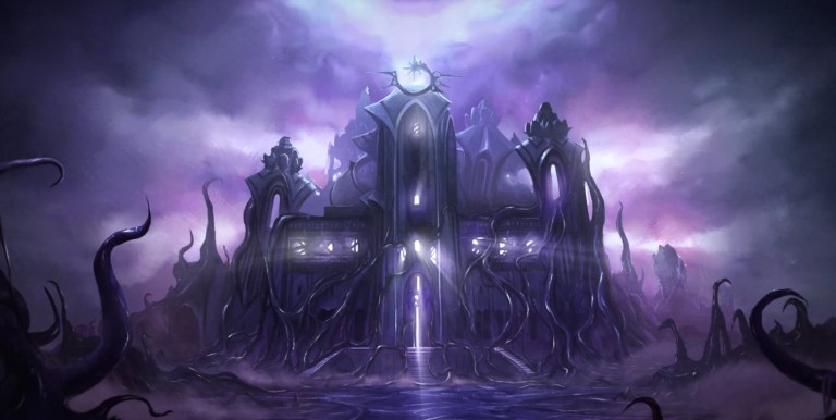 A building surrounded by purple light shown in a Last Epoch cutscene.