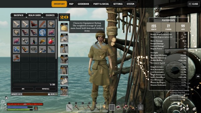 Nightingale character inventory management screen showing Equipment rating