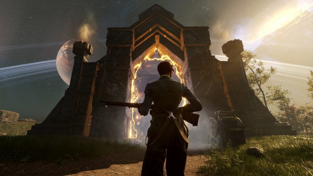 A Nightingale player holding a shotgun about to enter a gateway