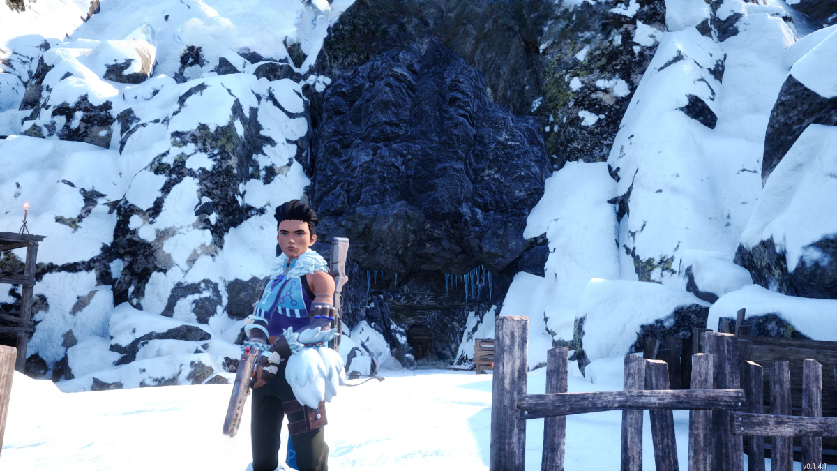 A player at the entrance of the Iceberg Mineshaft in Palworld where the Lyleen Noct boss can be found.