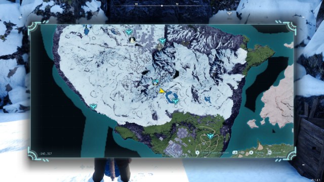 A screenshot of the Palworld map showing the location of the entrance to the Iceberg Mineshaft where the Lyleen Noct boss can be found.