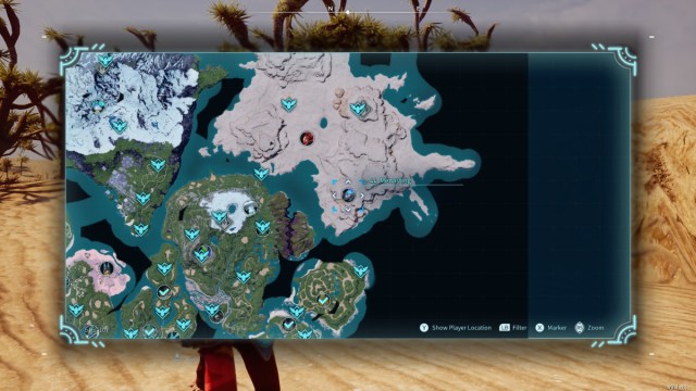 A screenshot of the Palworld map showing the location of the Menasting boss.