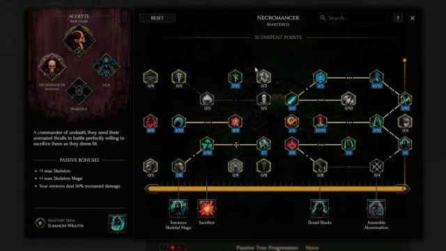 Completed Passive Skill Tree for a Necromancer Build ideal for leveling up in Last Epoch