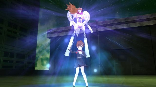 Image of Kotone in Persona 3 Portable. There is a dark green background with walls surrounding the player. Light beams from Kotone.