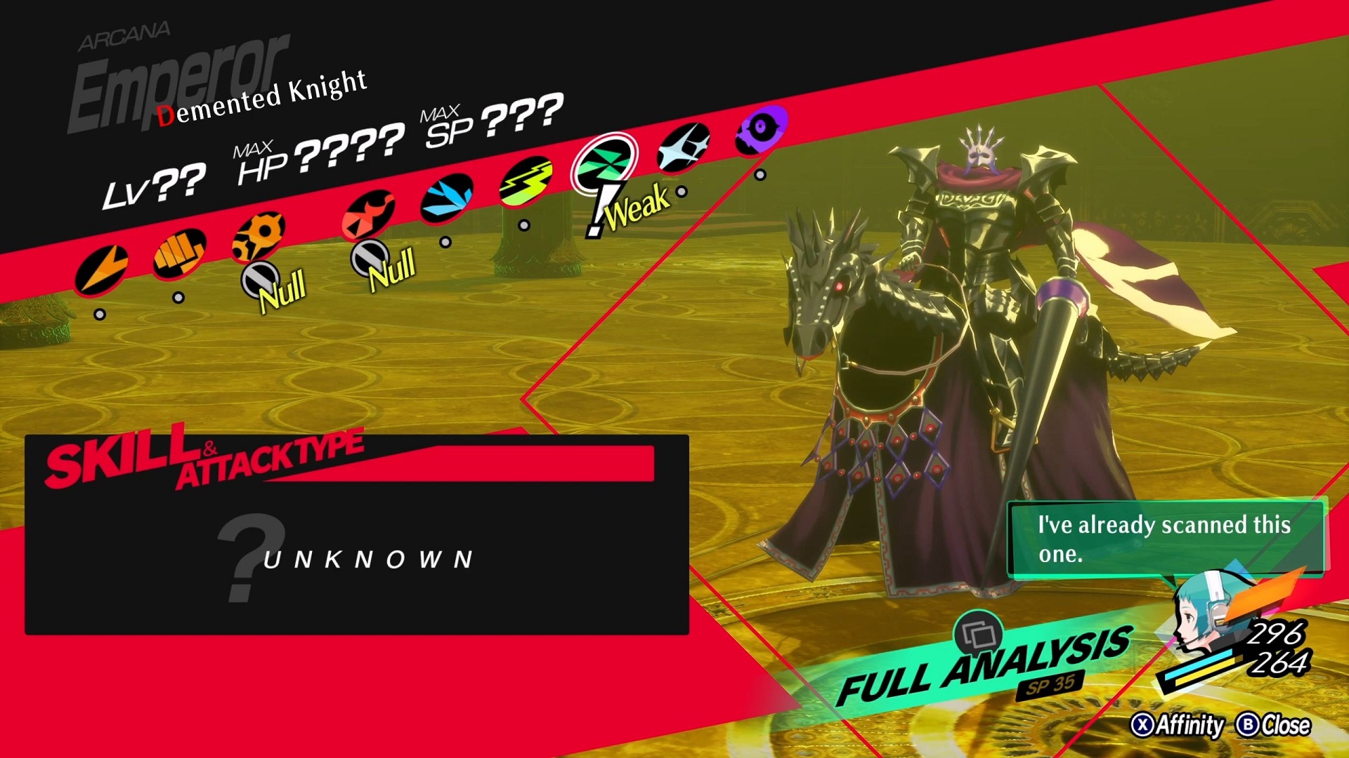 An image of the Demented Knight's stats in Persona 3 Reload.