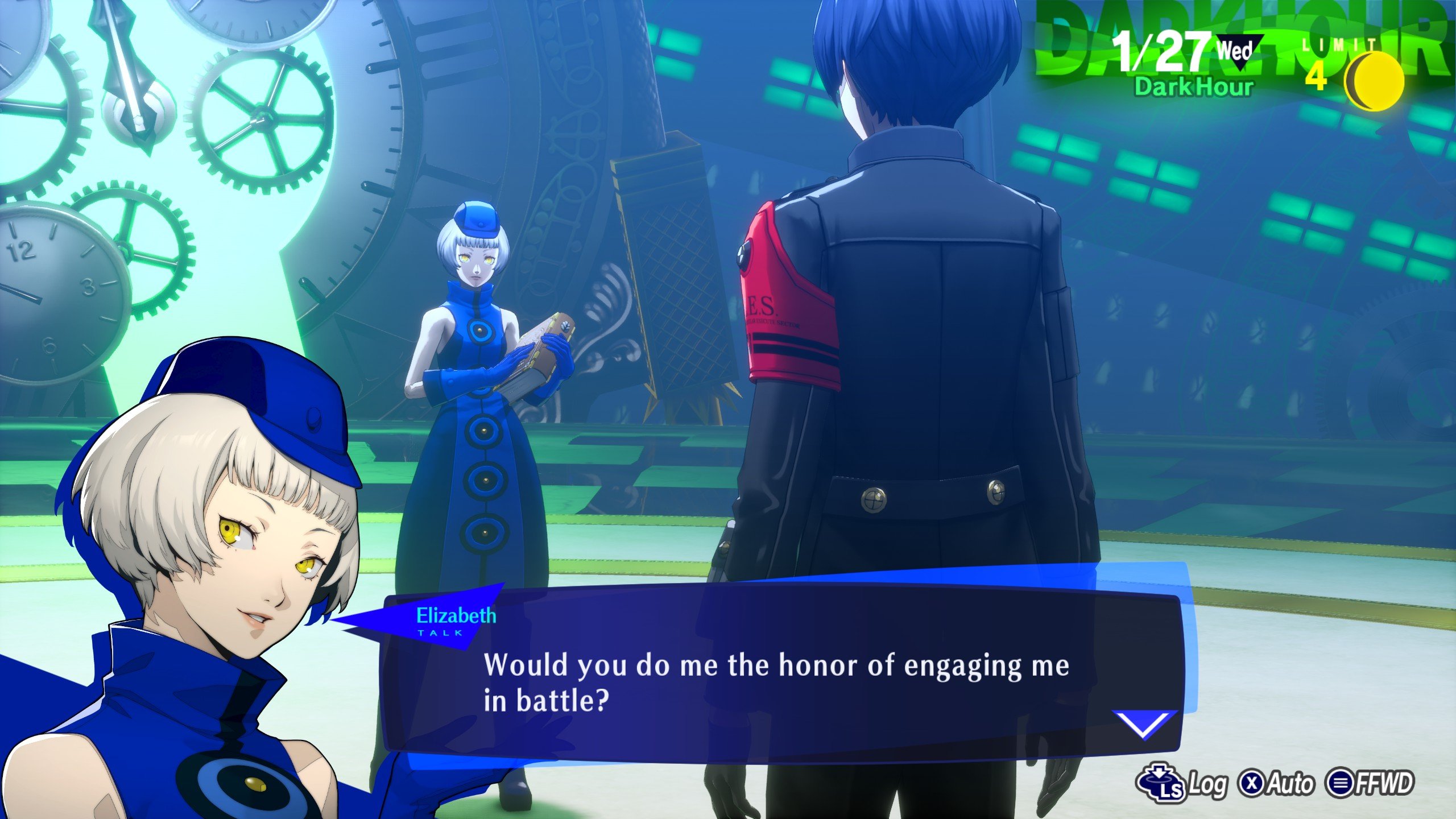 An image of Elizabeth challenging the Protagonist to battle in Persona 3 Reload.