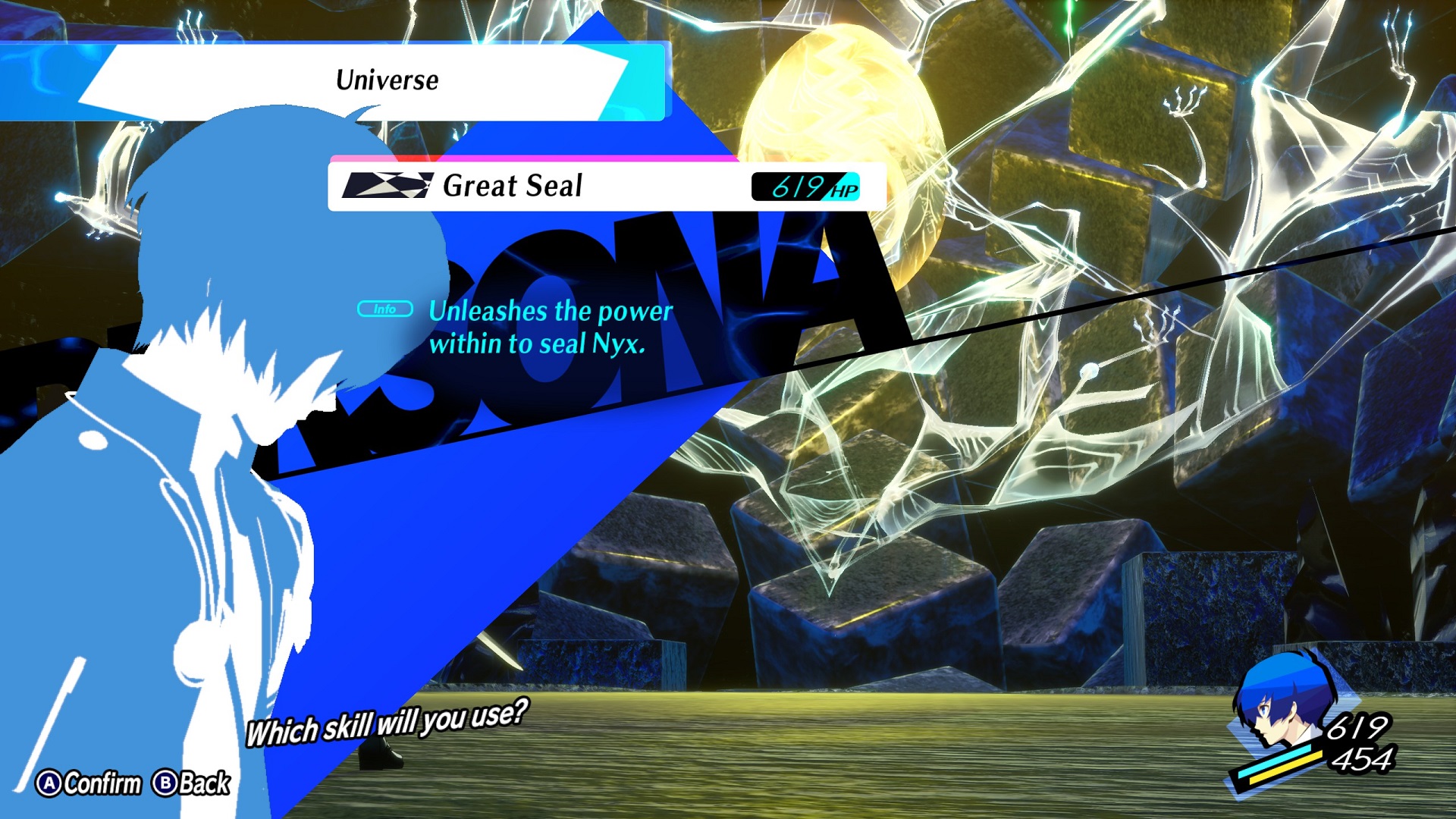 An image of the Protagonist using Great Seal against Nyx in Persona 3 Reload.