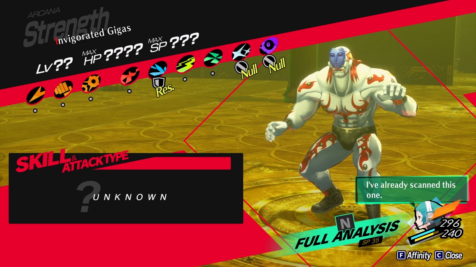 An image of the stats of the Invigorated Gigas in Persona 3 Reload.