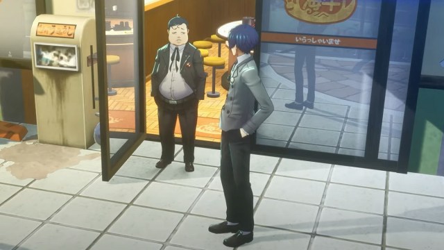 Nozomi Suemitsu (Moon) walking out of a shop in Persona 3 Reload.