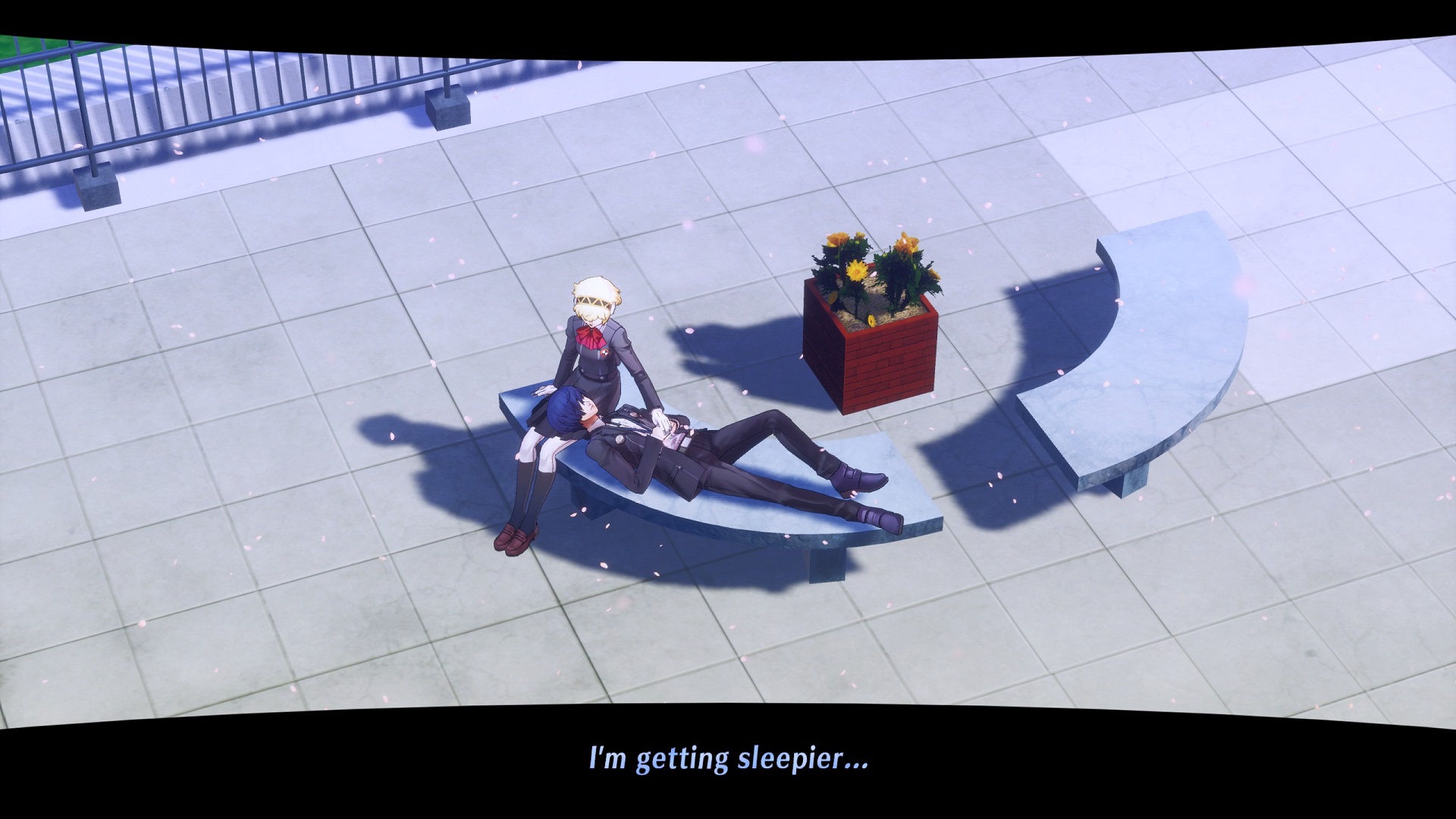 An image of the Protagonist falling asleep on Aigis' lap in Persona 3 Reload.