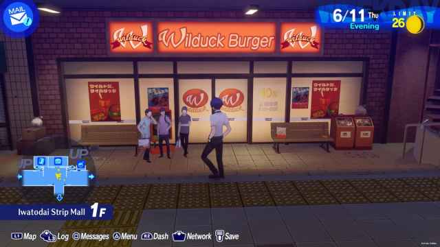 Main character standing in front of Wilduck Burger in Persona 3