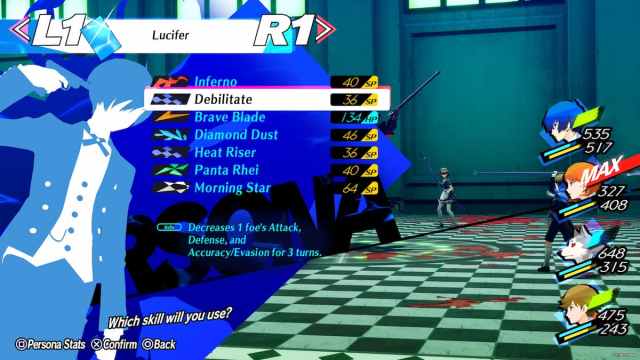 Persona 3 Reload main character's menu showing the Debilitate ability