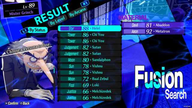 Persona 3 Reload fusion menu showing the Personas needed for Helel