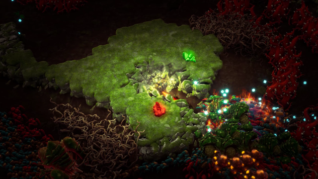 A screenshot from Deep Rock Galactic Survivor, showing a dwarf carving out a path through green rock while a horde of bugs closes in behind him.