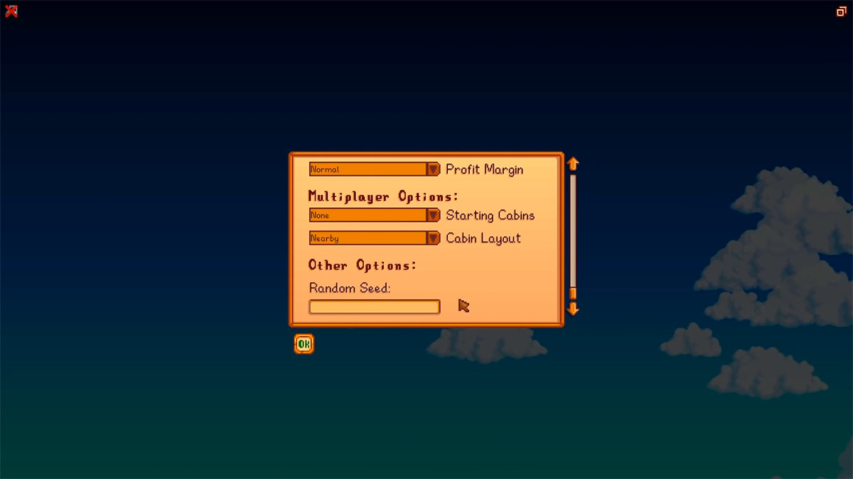 Entering a World Seed in the Stardew Valley game setup menu with a cloud background.