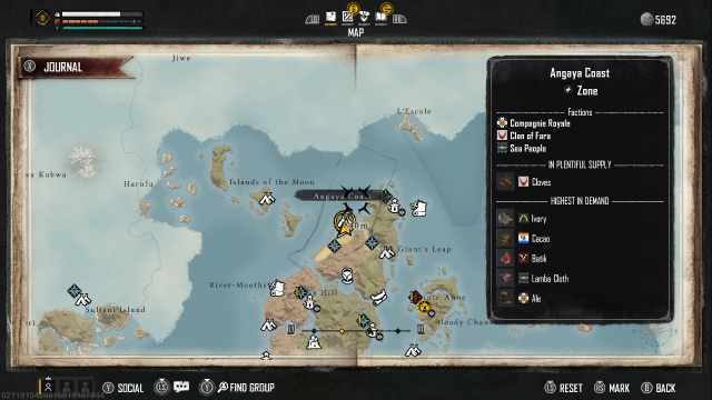 Image of the map in Skull and Bones showing the Fara Clan outpost.