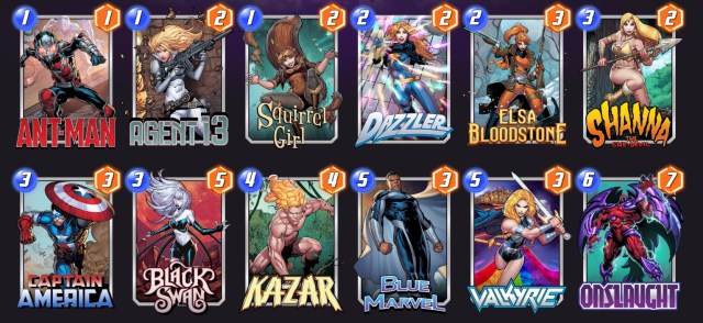 Marvel Snap deck consisting of Ant-Man, Agent 13, Squirrel Girl, Dazzler, Elsa Bloodstone, Shanna, Captain America, Black Swan, Ka-Zar, Blue Marvel, Valkyrie, and Onslaught.