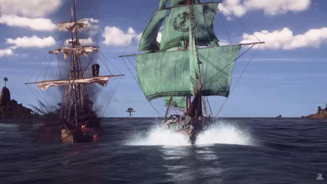 Two ships fire cannons at one another on the open water in Skull and Bones.