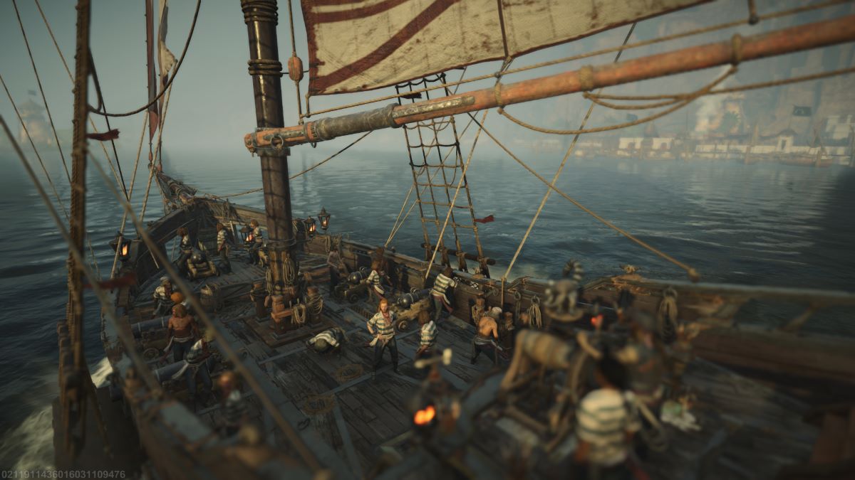 A Skull and Bones screenshot that shows a ship crew working on the deck.