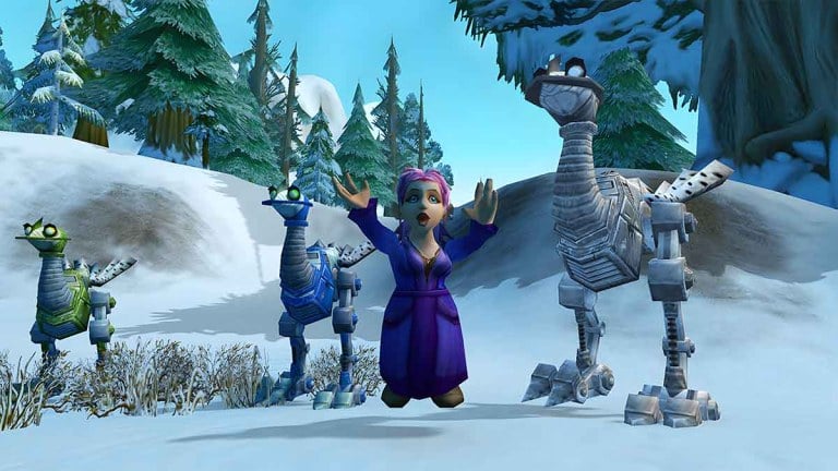 A Gnome cheering in front of Mechanostrider mounts in WoW Classic SoD